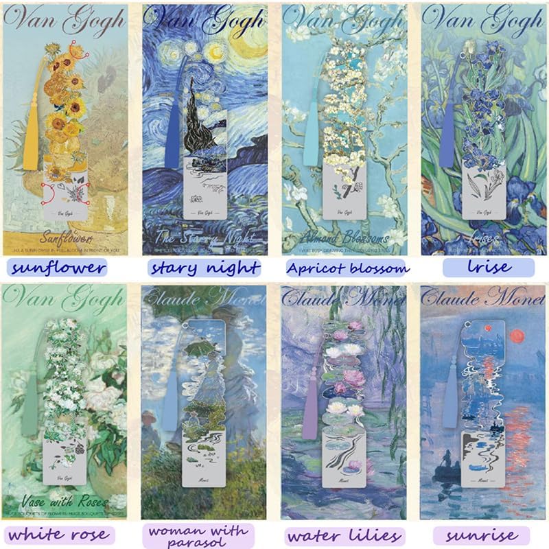 2 Pcs Metal Bookmarks with Tassel, Sliver Hollow Bookmark Van Gogh Oil Painting Theme Bookmark Art Bookmarks for Book Lovers Writers Readers Children Teens Men Women Adults (Blossoms+ Rose)