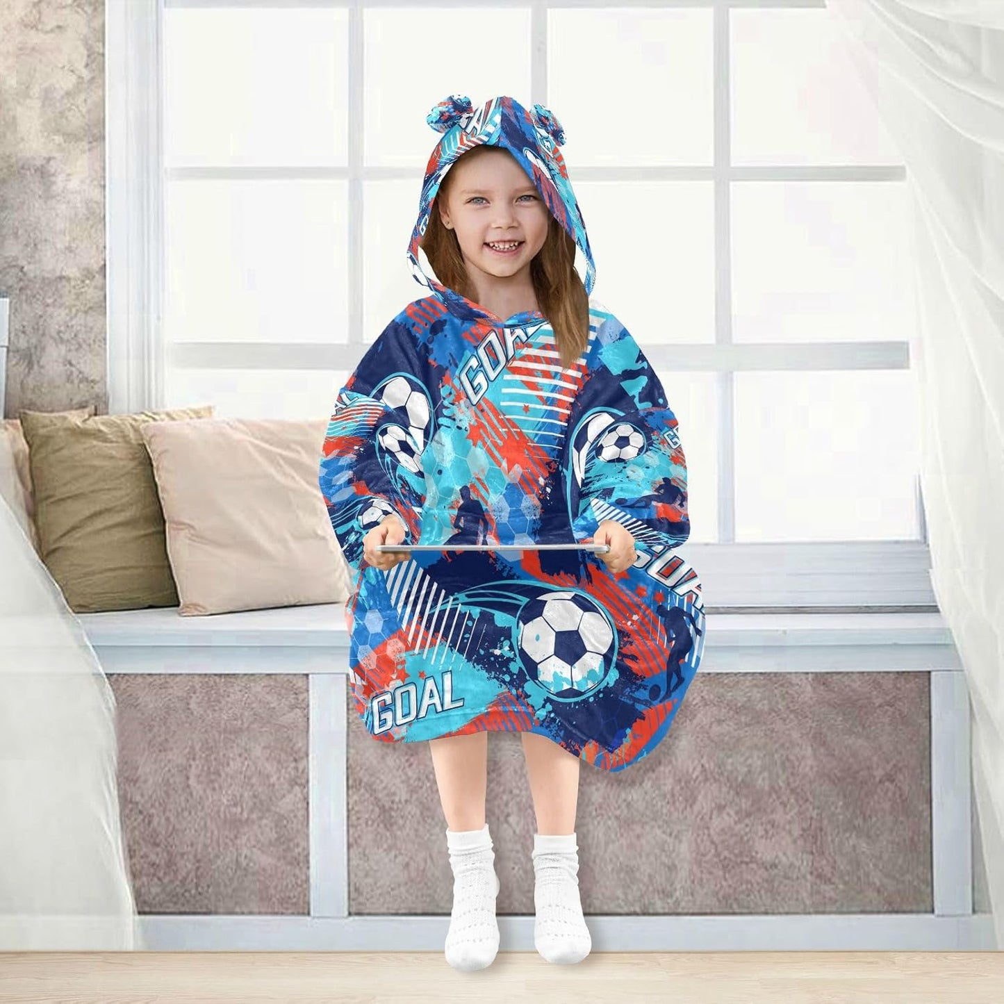 YETTASBIN Soccer Graffiti Wearable Blanket Hoodie for Kids, Oversized Soft Cozy Flannel Sweatshirt Blanket with Pocket