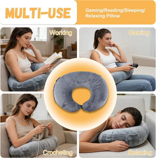Reading Pillow for Gaming, Crochet Pillow for Lap Support, Lap Desk Pillow for Sitting in Bed or Sofa, Multi-Purpose Reading Pillow for Gaming/Working/Crocheting, Reduces Arm Pain & Fatigue, Grey