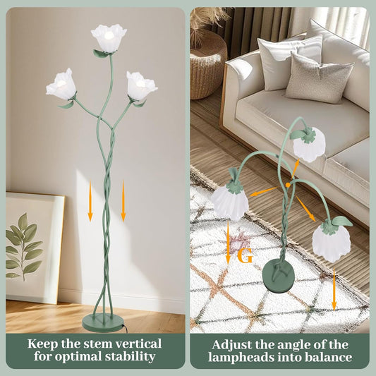 Vintage 3 Heads Flower Floor Lamp with Adjustable Gooseneck Corner Standing Tall Floor Lamp 3 Color Modes for Living Room Bedroom Reading Decoration Vine Floral Lamp with Lily of The Valley