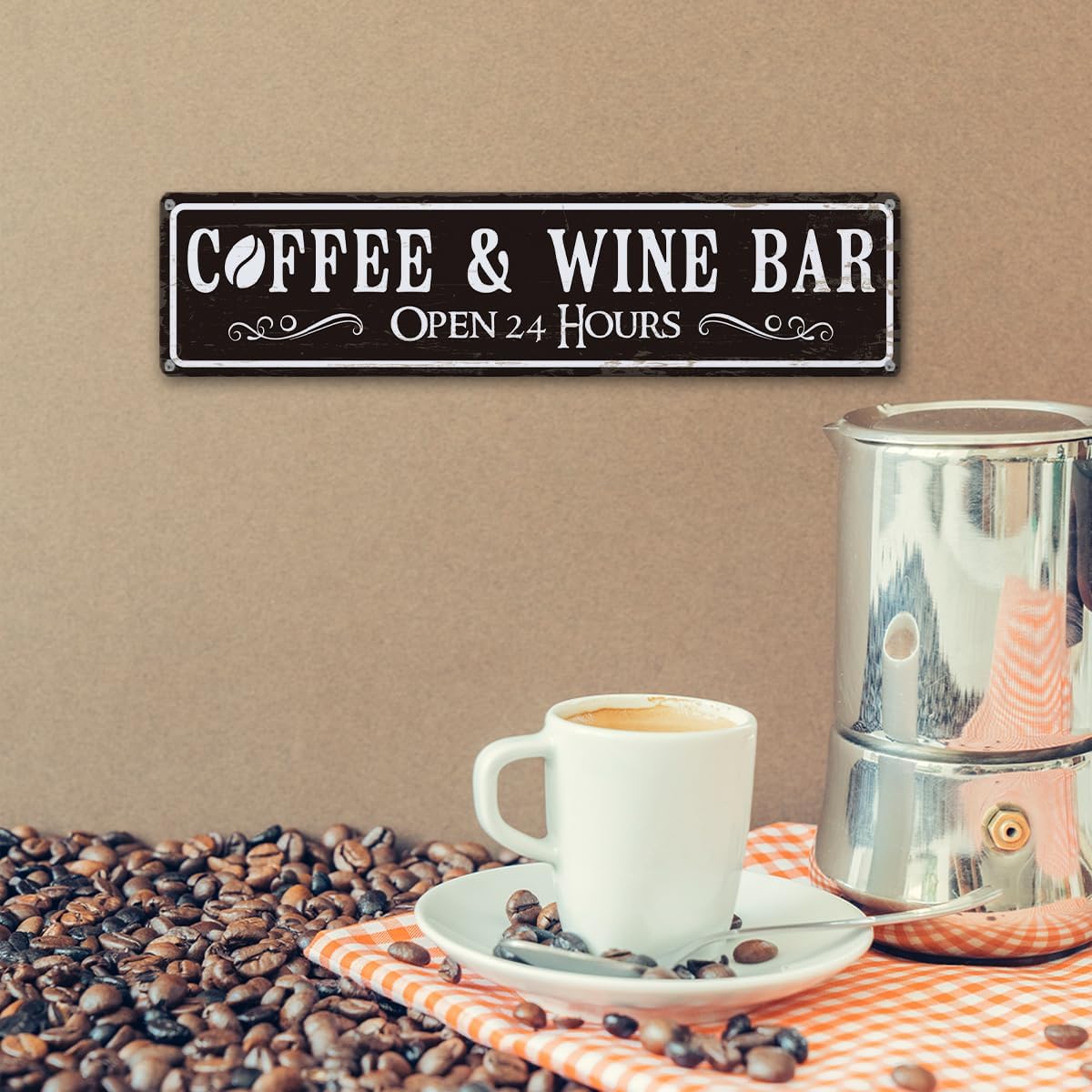 Coffee and Wine Bar Decor, Coffee & Wine Bar Open 24 Hours Sign, Retro Metal Tin Sign, Rustic Farmhouse Wall Decoration, Vintage Home Decor for Kitchen, Coffees Station Decors, 15.8x4 Inches