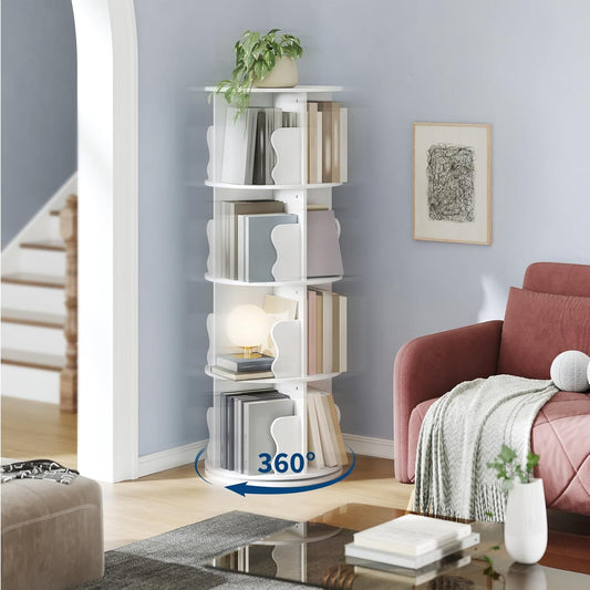 Rotating Bookshelf, 360 Display Spinning Bookshelf Tower, 4 Tier Floor Standing Bookcase Storage Rack, Revolving Bookcase Wood Narrow Book Shelf Organizer for Small Space, Bedroom, Living Room, White