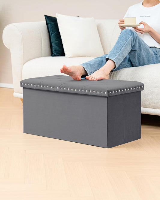 B FSOBEIIALEO Storage Ottoman Cube Folding Tufted Ottomanse, Storage Boxes Footrest for Bedroom, Luxury Velvet Fabric 30 * 15 * 15 Inches Grey
