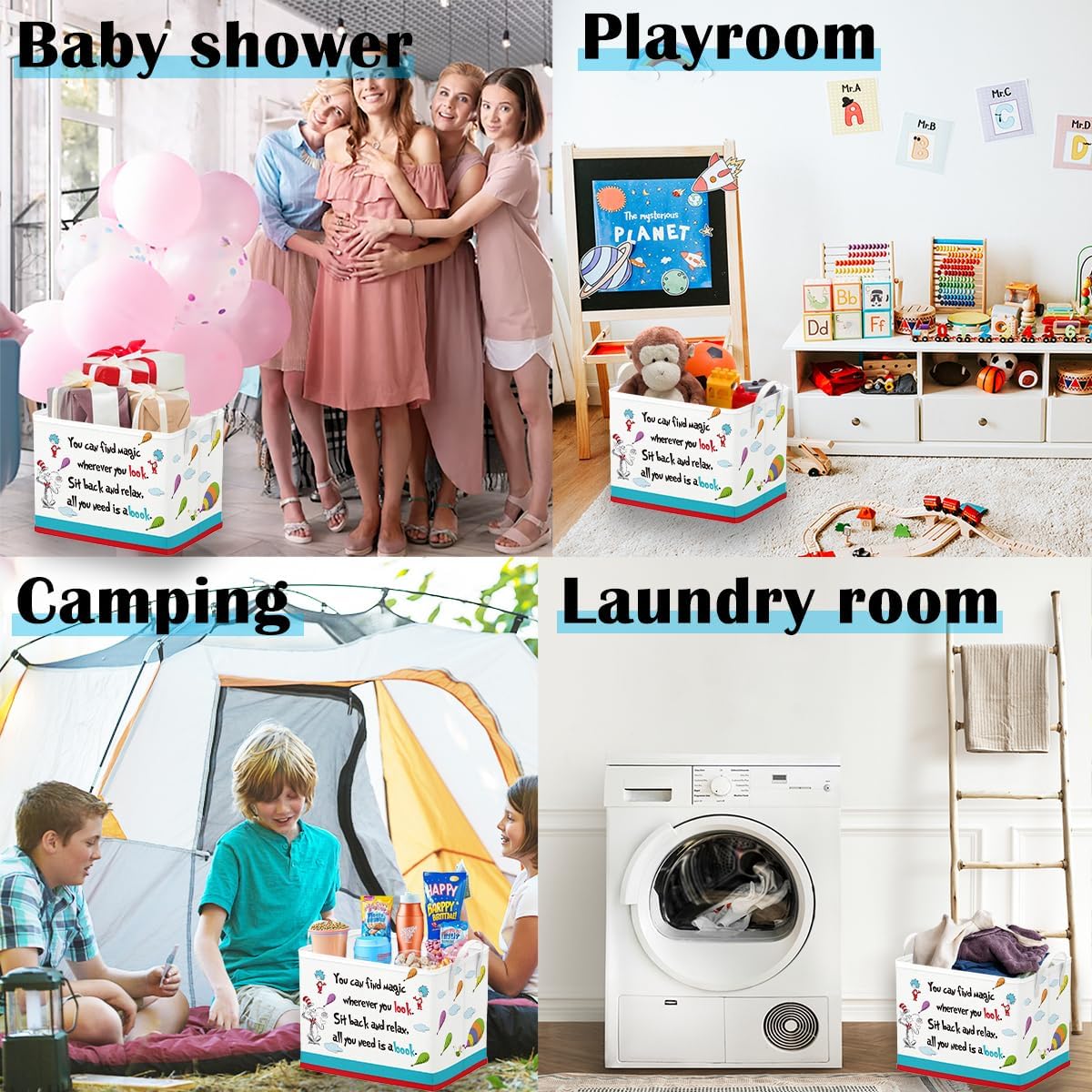 Runtoo Read Book Storage Bins Dr Inspirational Quotes Book Basket Toys Box Organizer for Kids Nursery Classroom Baby Book Shelf