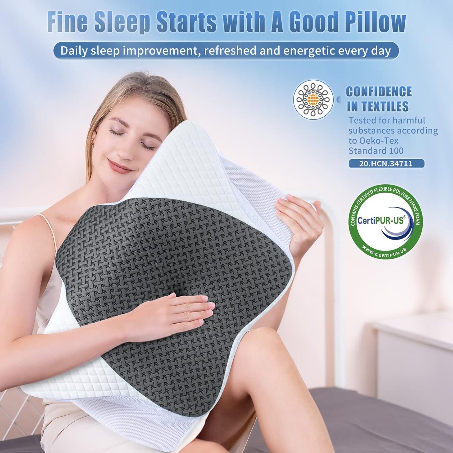 SAHEYER Memory Foam Cervical Pillow, 2 in 1 Ergonomic Orthopedic Neck Pillow for Neck and Shoulder Pain Relief, Side Sleeper Pillow for Side Back Stomach (Grey)