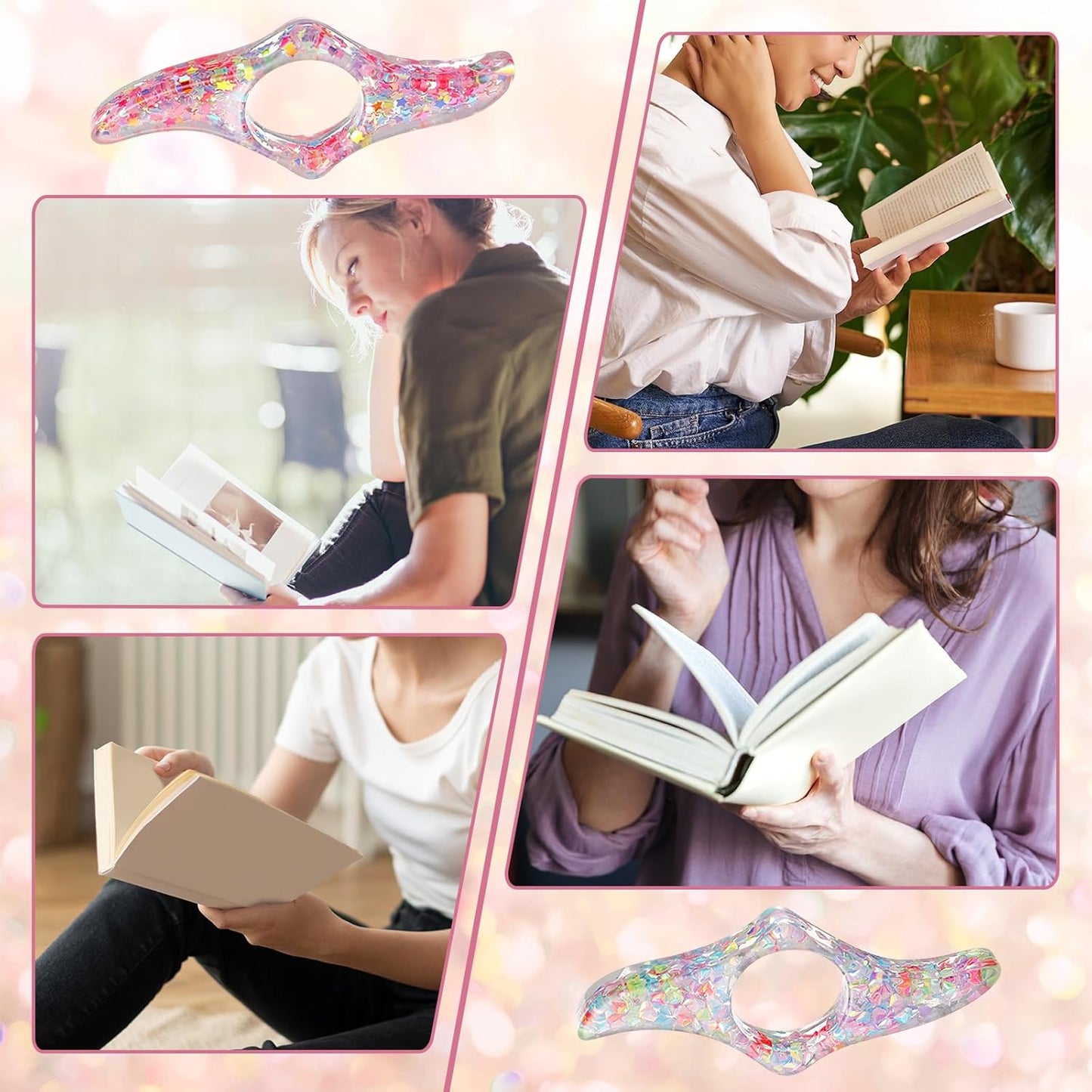 2 Pcs Page Holders for Reading, Rhinestones Thumb Book Page Holder Glitter Diamond Dotting Book Opener Holder Transparent Bookmarks Accessories for Reading Lovers Teachers