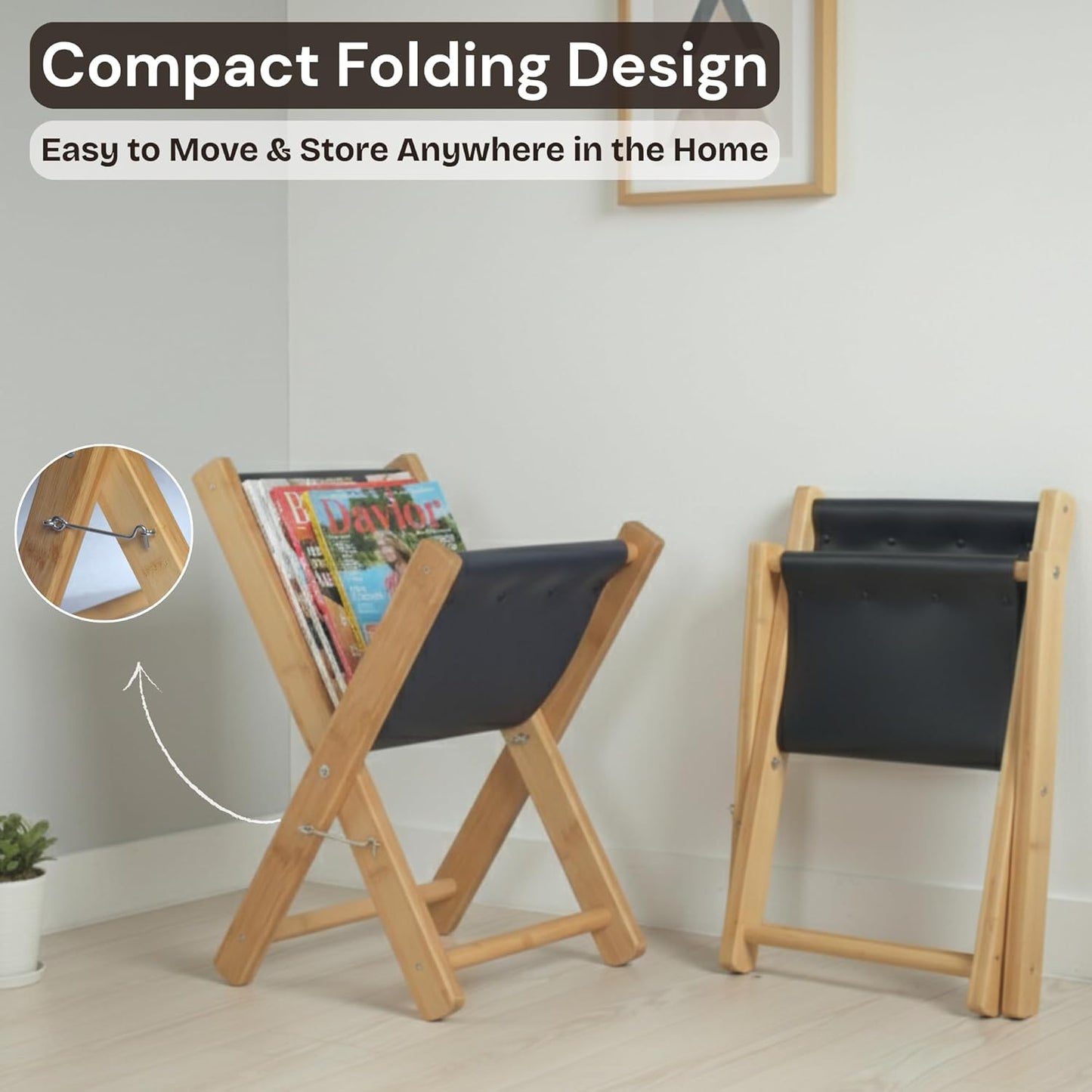 Premium Leather Magazine Holder - Wooden Magazine Rack Floor Standing - Brochure Holder and Book Display Stand - Modern Magazine File Holder & Newspaper Rack for Home, Bathroom, Office Decor