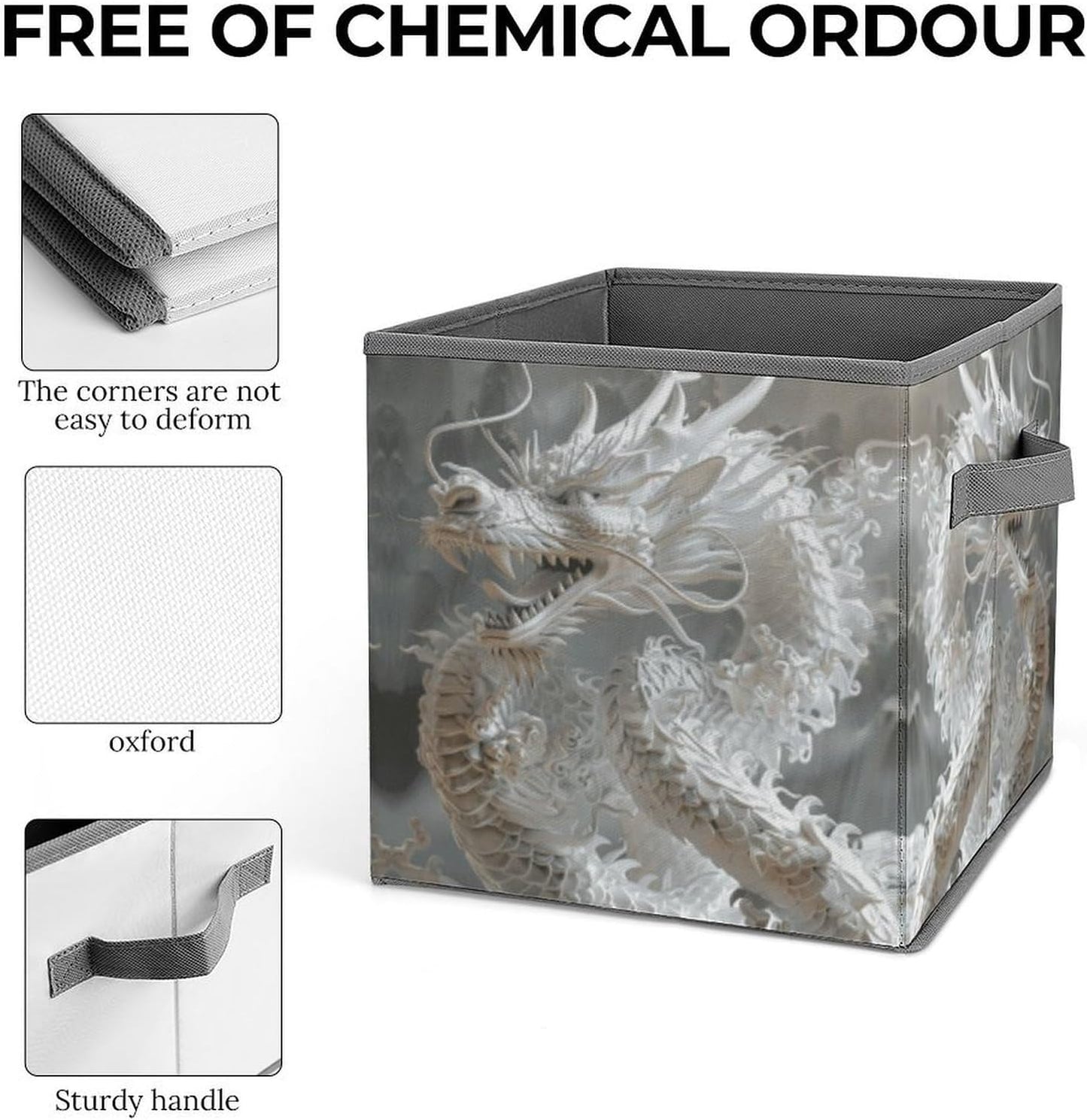 White Dragon Style Storage Bins with Handles Fashion Large Storage Cubes Sturdy Foldable Storage Boxes Space-Saving Storage Baskets for Home Office Clothes Closet Organizers
