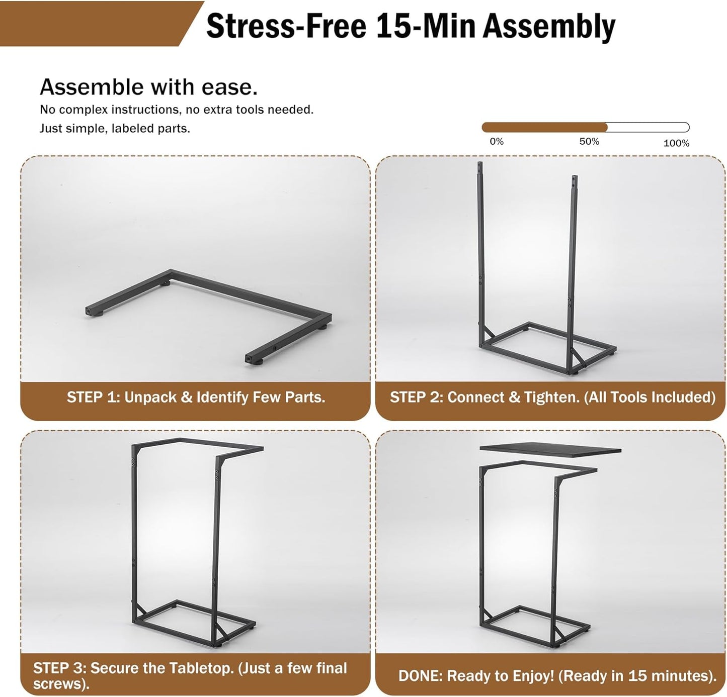C-Shaped End Table — Slide-Under Sofa, for Laptop / Coffee / Snacks, Easy Assembly, Modern Design