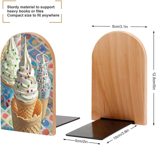 Sweet Ice Cream Bookends 1 Pair Heavy Duty Book Ends for Shelves Non-Skid Bookend Supports Wooden Book Holders with Metal Base Desk Organizers Books Storage to Hold Books