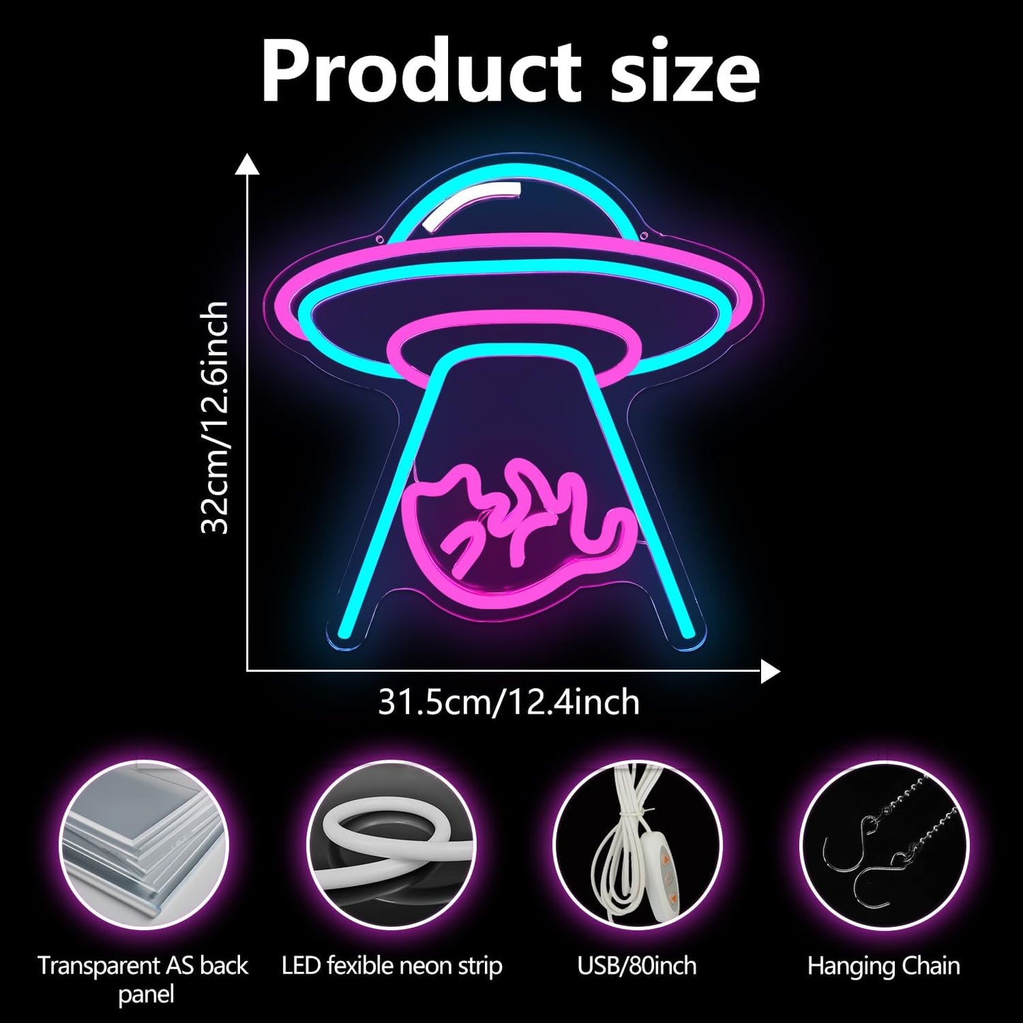 UFO Cat Neon Signs for Wall Decor Cat Neon Light USB Powered Dimmable Flying Saucer Light up Sign for Bedroom UFO Alien Night Lamp for Christmas Birthday Gifts