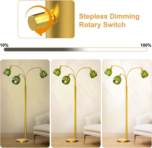 Arc Floor Lamps for Living Room, Gold Dimmable Floor Lamp with Green Flower Glass Shades and 3 Brightness Lights, Adjustable Arm, Modern Tree Tall Standing Lamp Corner Arched Light for Bedroom Decor