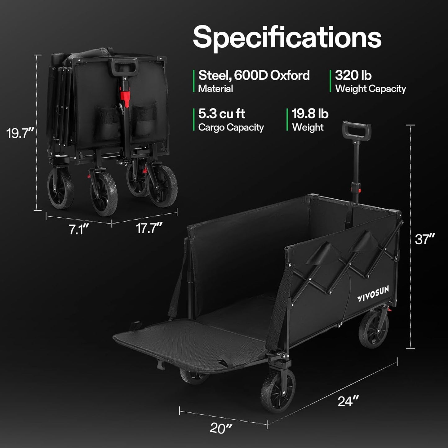 VIVOSUN Collapsible Wagon with Tailgate, 320lb Load-Bearing Outdoor Utility with All-Terrain Wheels, Adjustable Handle, Cup Holders for Camping, Shopping, Garden, Sports, Picnic, Black
