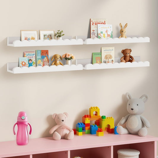 Yirilan 4-Pack Scalloped Shelves, Nursery Shelves for Wall, Floating Nursery Book Shelves for Kids, White
