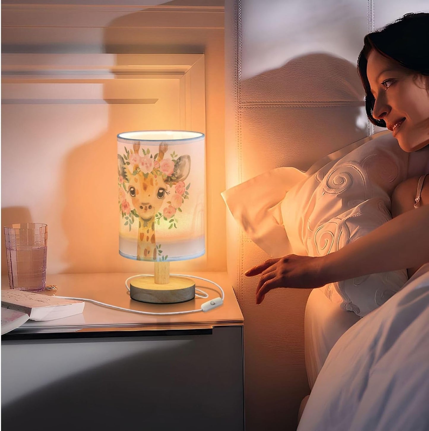 Cute Giraffe with Pink Floral Garland Bedside Table Lamps with USB Port for Bedroom Lamp Accent Table Lamp Small Nightstand Lamp Sturdy Linen Shade Wooden Decorative Lamps for Home|Kids|Holiday