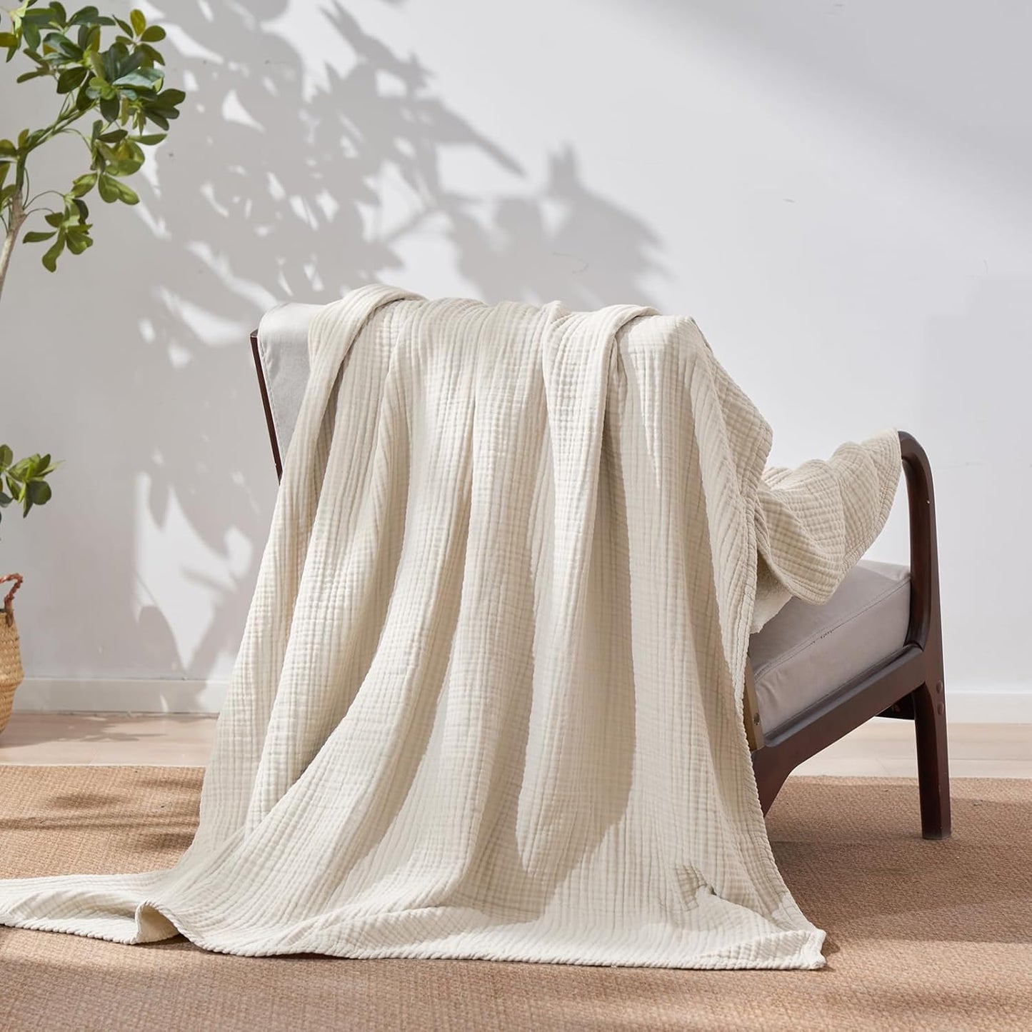 David's Home Pre-Washed 100% Cotton Muslin Throw Blanket, 4-Layer Soft Throw for Bed Couch, Breathable & Lightweight Blankets for Adults Hot Sleepers, Room Decor, Luxury Gift, Birch, 50 * 60"