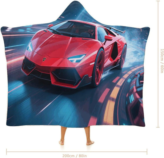 Sports Car in Space Wearable Hoodie Blanket for Women Men Fleece Blanket with Hood Oversized Warm Cozy Gifts