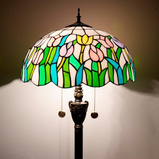 Tiffany Floor Lamp Pink Orange Tulips Stained Glass lamp for Living Room Bedroom Office Bright Lighting Rustic Corner Decor Standing Tall Unique Vintage Reading Aesthetic Light