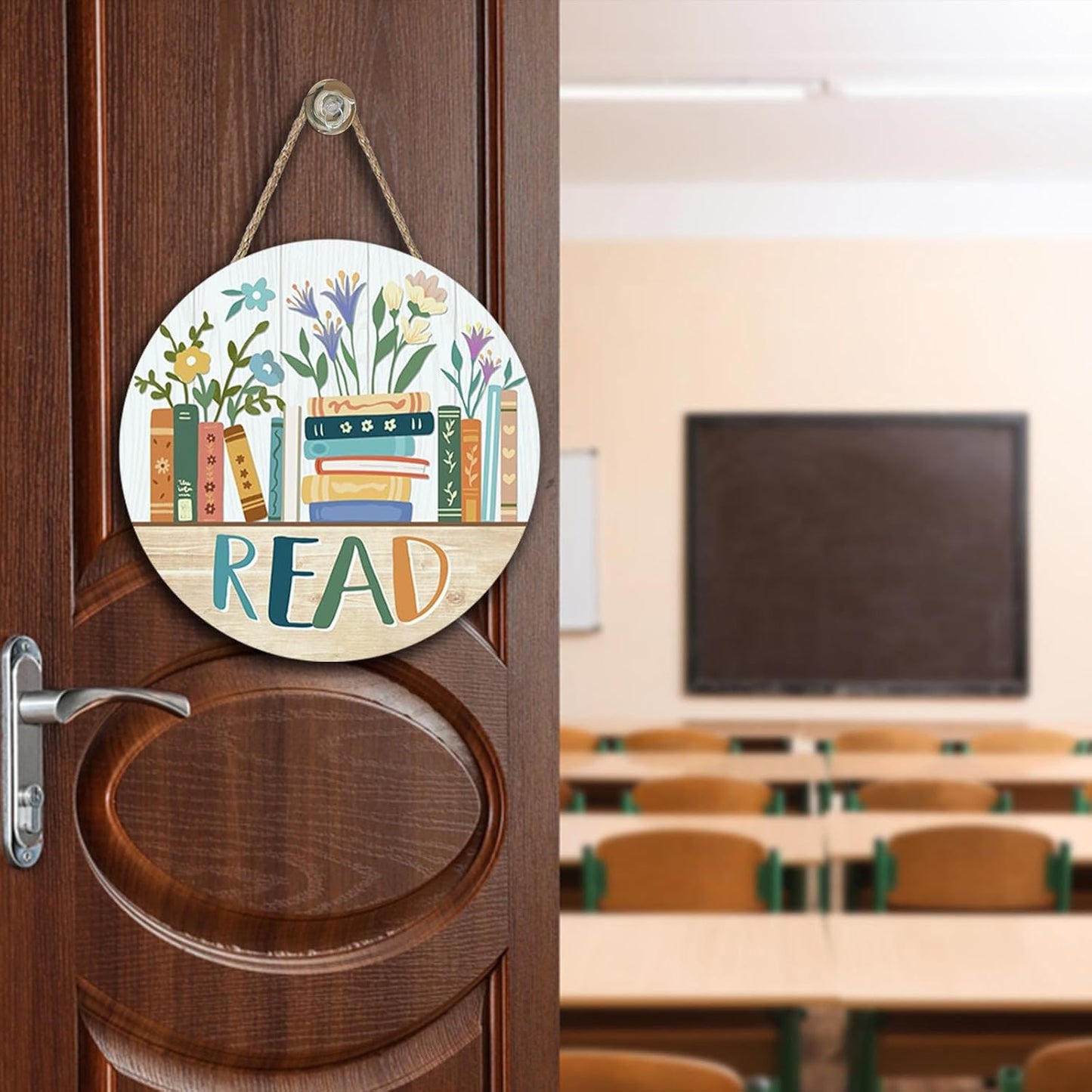 Reading Corner Read Books Floral Front Door Sign, Inspirational Library Wood Plaque Hanger School Classroom Study Decor, Wooden Wreath Wall Hanging Decoration Bookish Reader Book Lover Gift