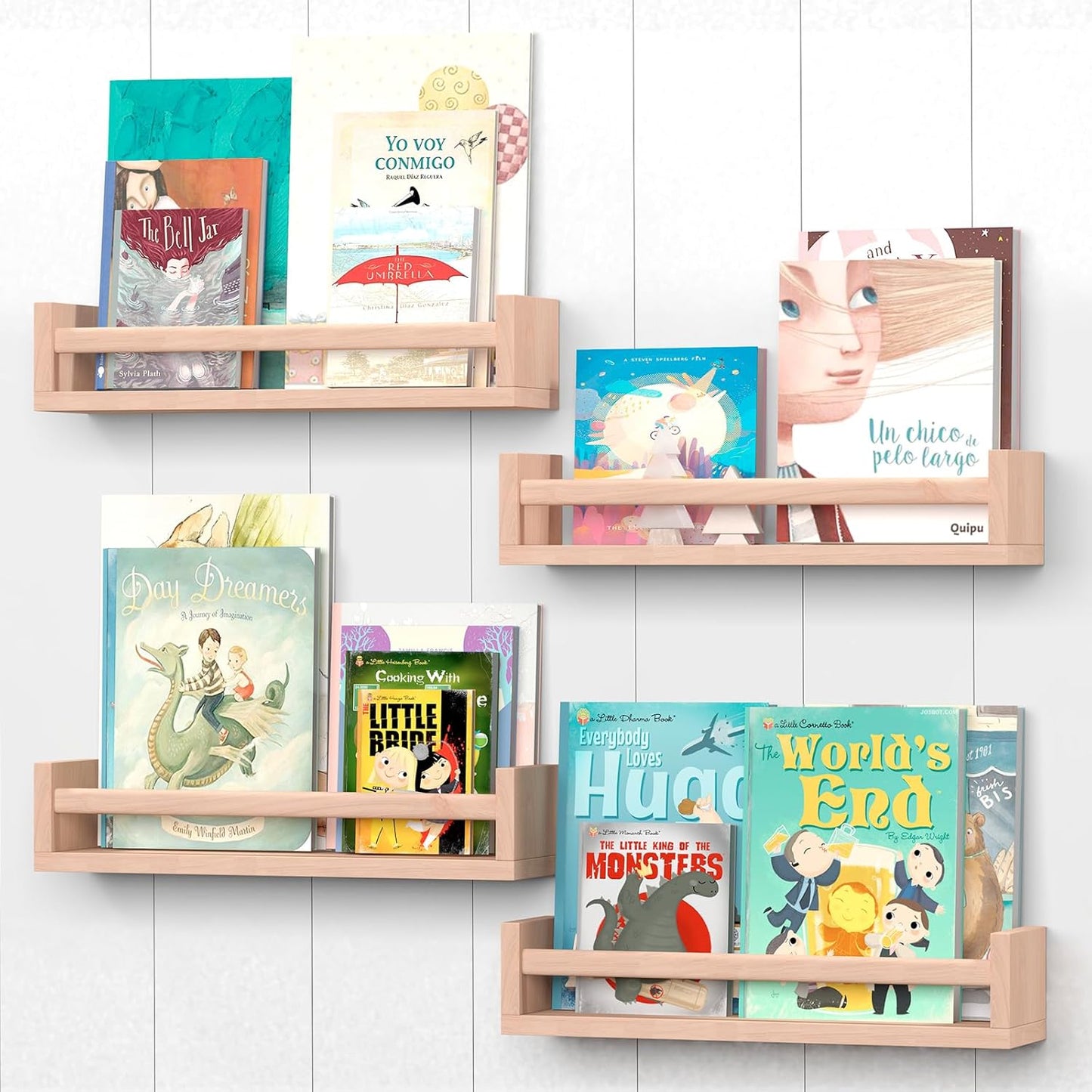 Nursery Shelves, Floating Bookshelves for Wall Set of 4, Baby Nursery Decor, Solid Wood Wall Mounted Shelves for Books (Natural Wood)