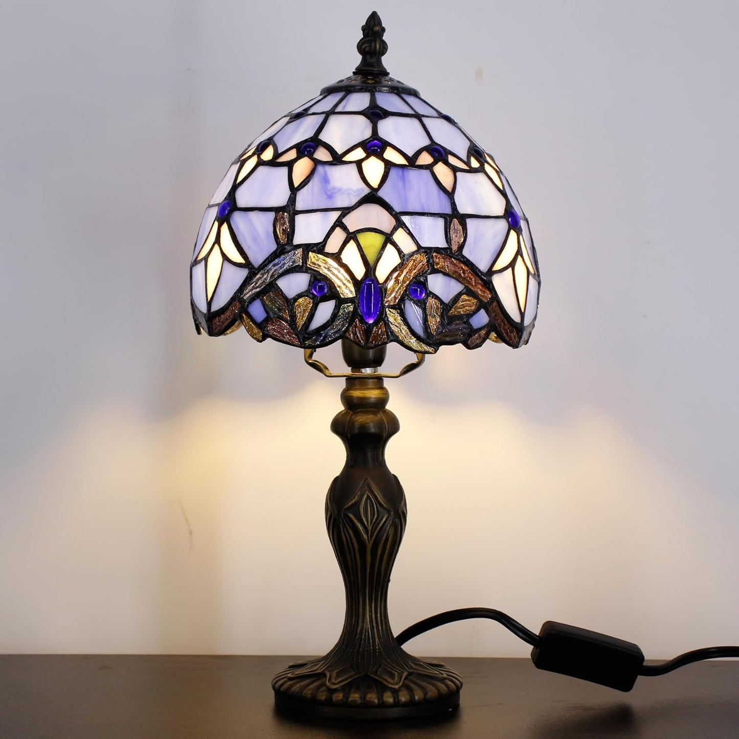 소형 티파니 램프 스테인드 글라스 테이블 램프 미니 책상 액센트 조명 침실 침대 옆 독서 홈 앤티크 스타일 장식 20.3x38.1cm(8x15인치) (블루 바로크)