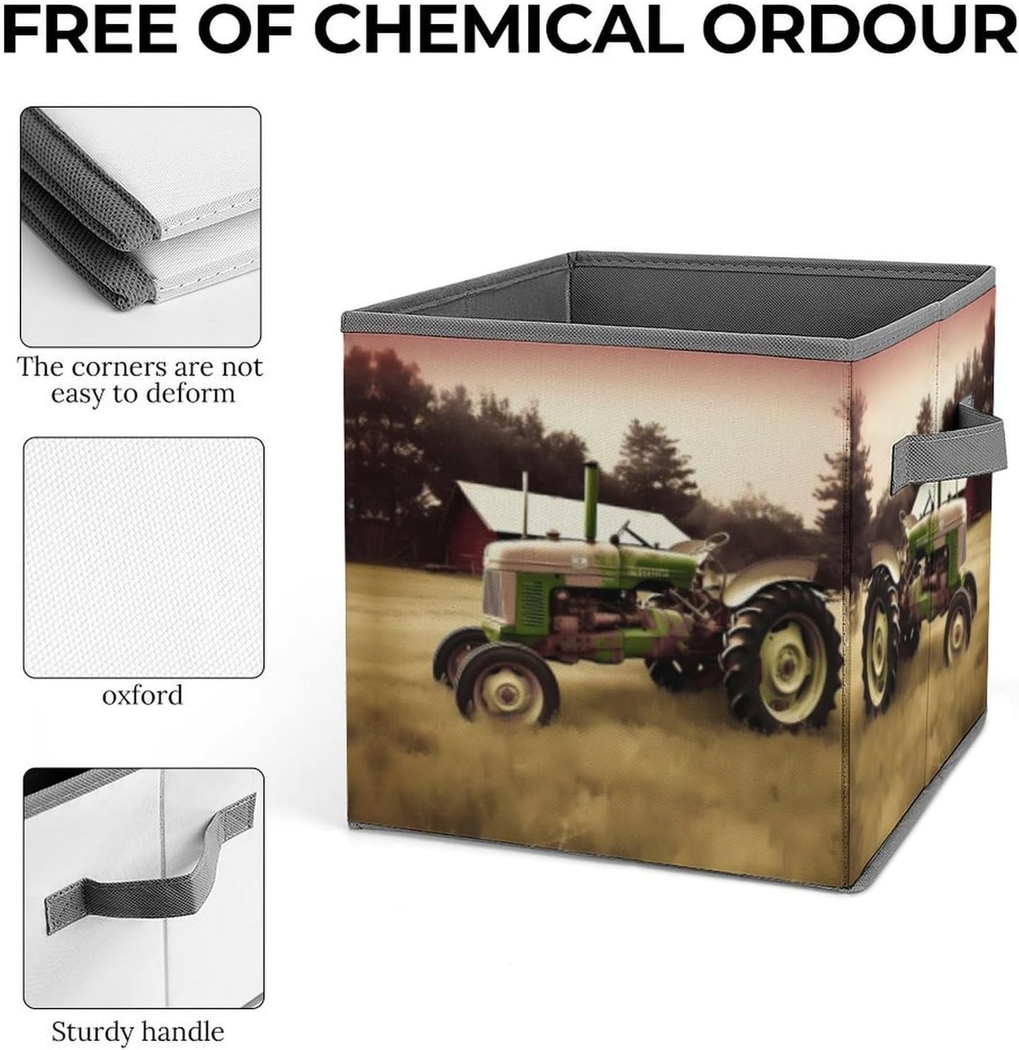 Old Tractor Photo Farm Storage Bins with Handles Fashion Large Storage Cubes Sturdy Foldable Storage Boxes Space-Saving Storage Baskets for Home Office Clothes Closet Organizers