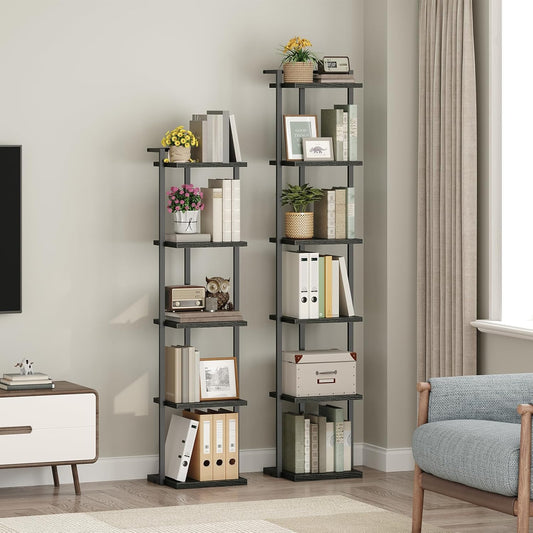 Bookshelf, 6-Tier Bookcase, Vertical Tall Narrow Book Shelf for Small Space, Open Storage Display Shelf with Stable Base & Anti-Tip Kits, for Living Room, Office, Study, Black BKBK11601