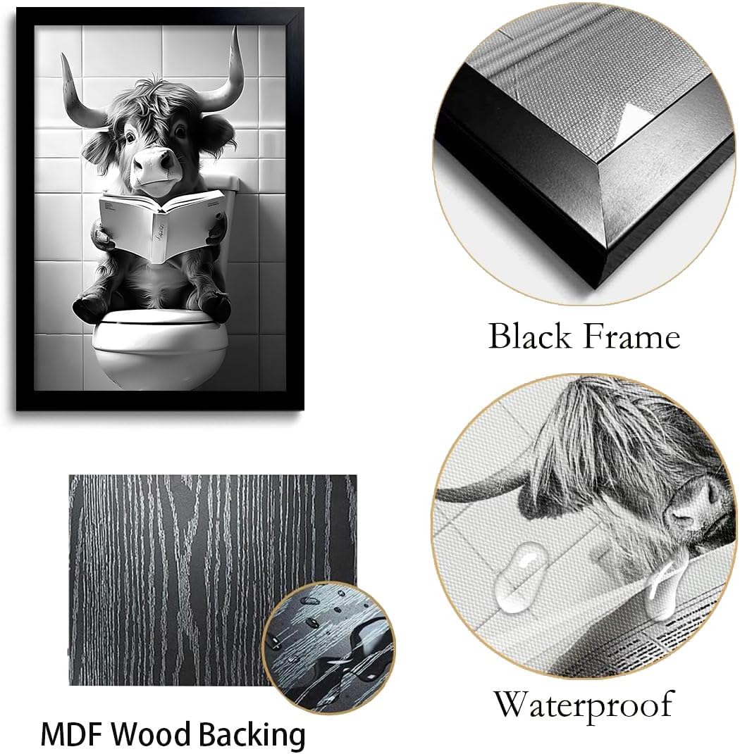 OIQArtOIQ Funny Bathroom Framed Wall Art Black and White Animal Canvas Wall Art Prints Highland Cow Reading Pictures Wall Decor Modern Minimalist Humorous Artwork For Restroom