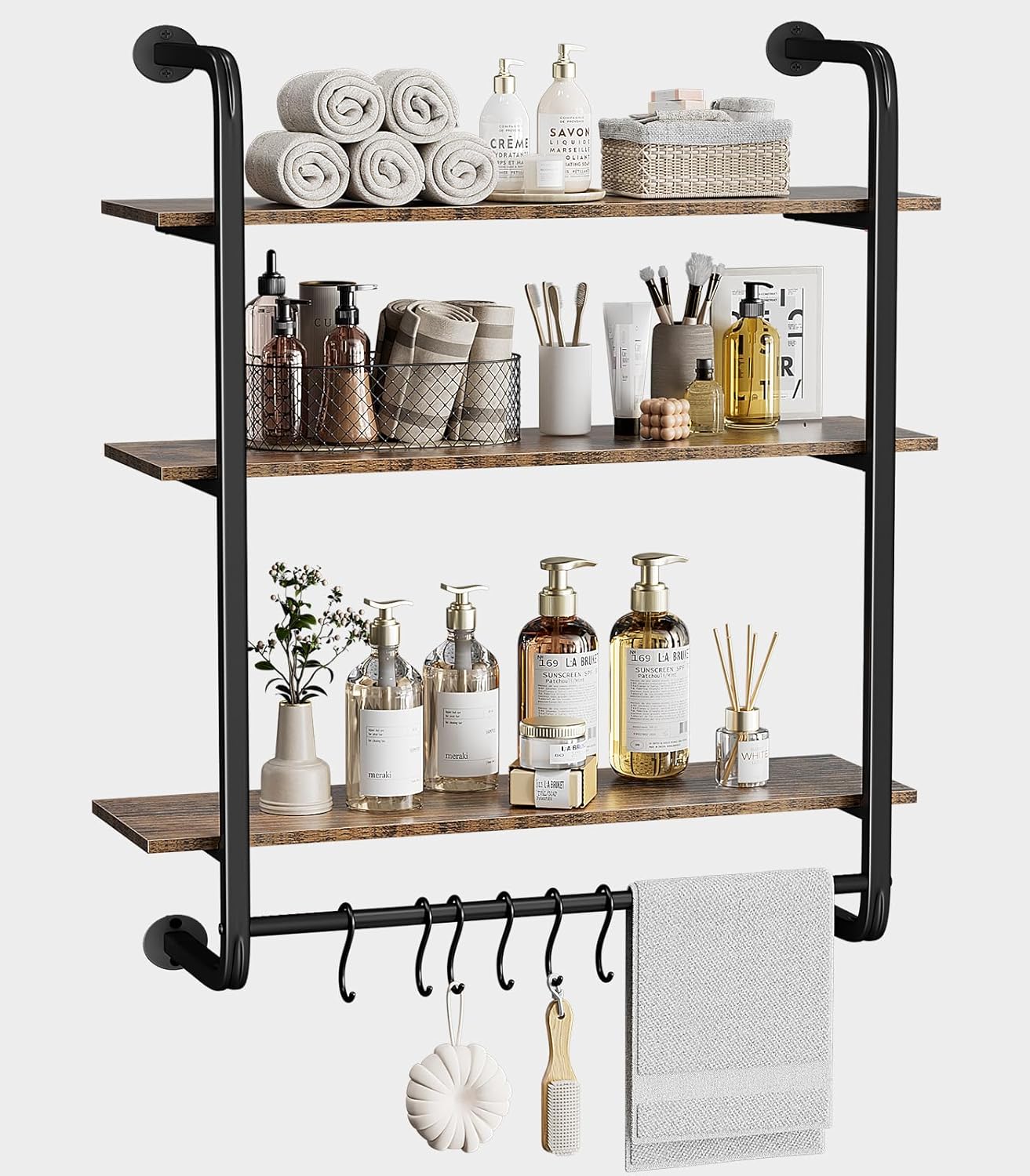 3 Tier Industrial Pipe Shelving, 24" Kitchen Shelves Wall Mounted with 6 Hooks, Coffee Bar Shelves Display Bookshelf Wall Shelf for Bedroom, Bathroom, Home Dรฉcor, Rustic Brown