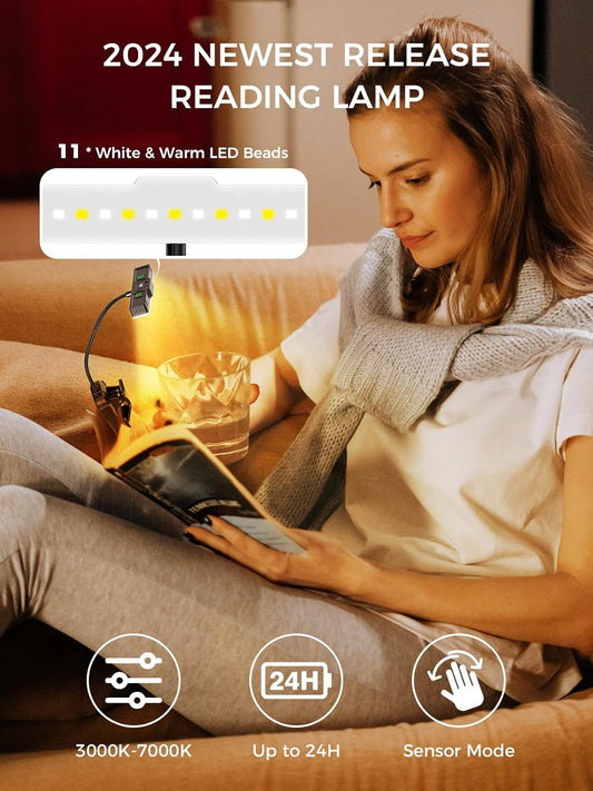 Smiling Shark Reading Lamp, 1200 mAh Rechargeable LED Books Light Motion Sensor 3 Color Temperature 6 Lighting Mode Portable Eyes Caring Clip On Reading Light with Adjustable Goose Neck for Book Study