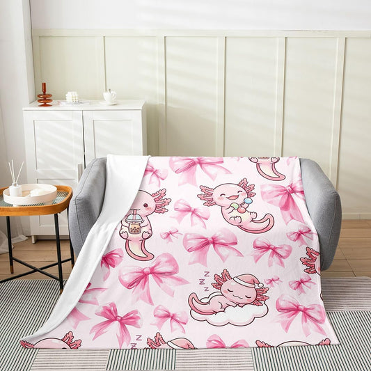 Feelyou Axolotl Flannel Blanket Plush Fuzzy Ribbon Bow Fleece Throw Blanket for Boys Girls Cute Kawaii Aesthetic Plush Lightweight Sofa Throw Salamander Throw 50"x60" for Bed Couch Chair