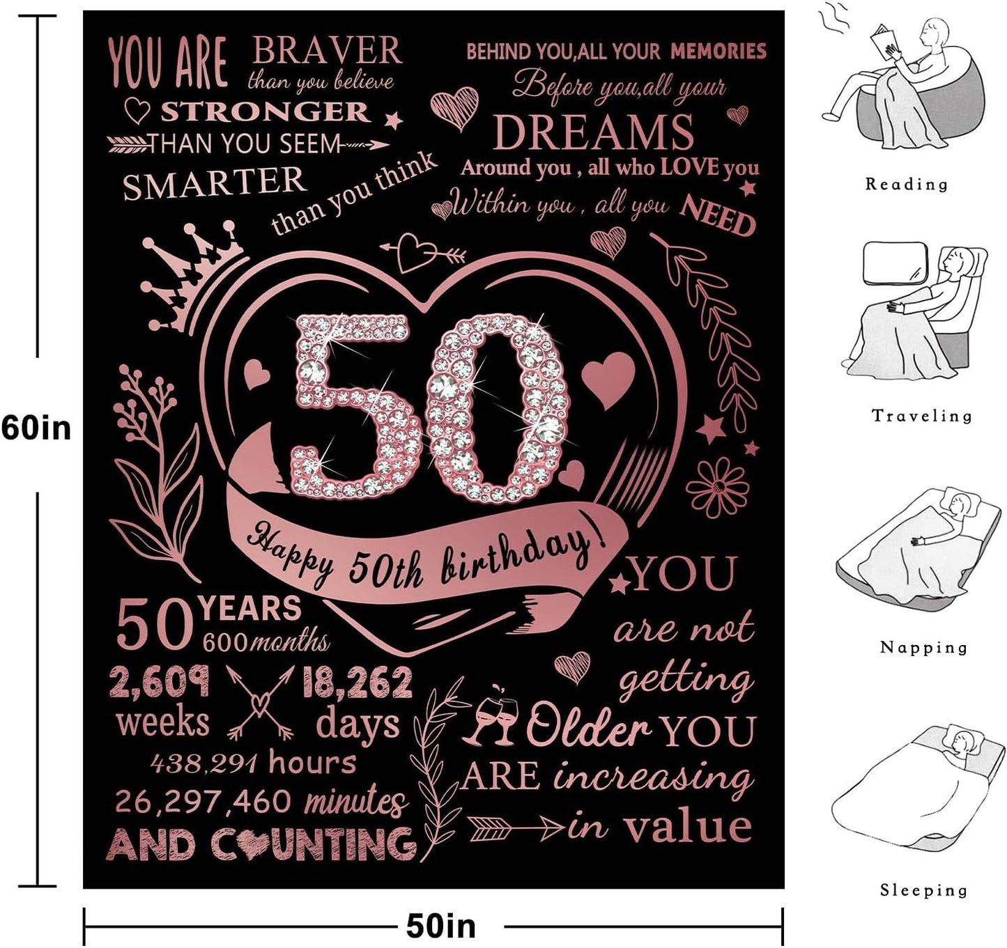 50th Birthday Blanket Gifts for Women with Gift Box, Gifts for Women Turning 50, Happy 50th Birthday Gift Ideas for Her, 50th Birthday Decorations Throw Blanket 60"x50"