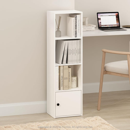 Furinno LUDER Display Shelf, 4-Tier Standing Storage Shelves with Door Cabinet, Book Shelf with Open Storage, for Organization and Storage, Living Room, Home Office, White