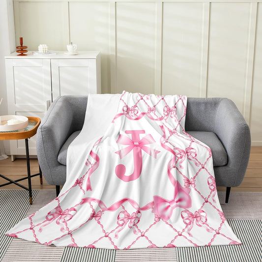 Erosebridal Aesthetic Bowknot Blanket Queen 90x90 Coquette Preppy Bow Flannel Blanket with Monogrammed Initial Design Letter J Sofa Bed Couch Decor