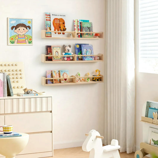 32 Inch Floating Shelf with Wooden Bead Design - Solid Pine Wall Mounted Bookshelf, Child-Safe Nursery Storage for Kids Room Decor, Set of 3