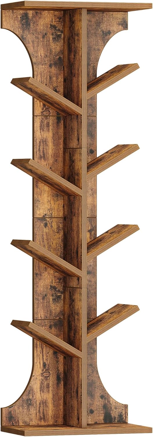 Tree Bookshelf, 11 Tier Narrow Bookcase, Display Shelf, Book Organizer, Small Floor Standing Book Shelf for Bedroom, Living Room, Home Office, Rustic Brown BC01601X