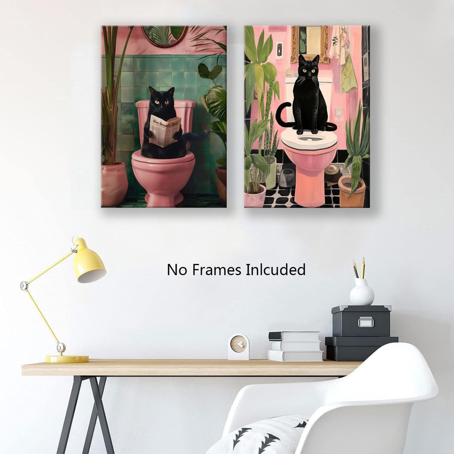 Godont Funny Cat Bathroom Wall Art.Cute Black Cat Wall Decor Paintings, Whimsical Animal Reading Newspaper on The Toilet Poster Canvas Prints Aesthetic Picture 12x16x2 inch Unframed