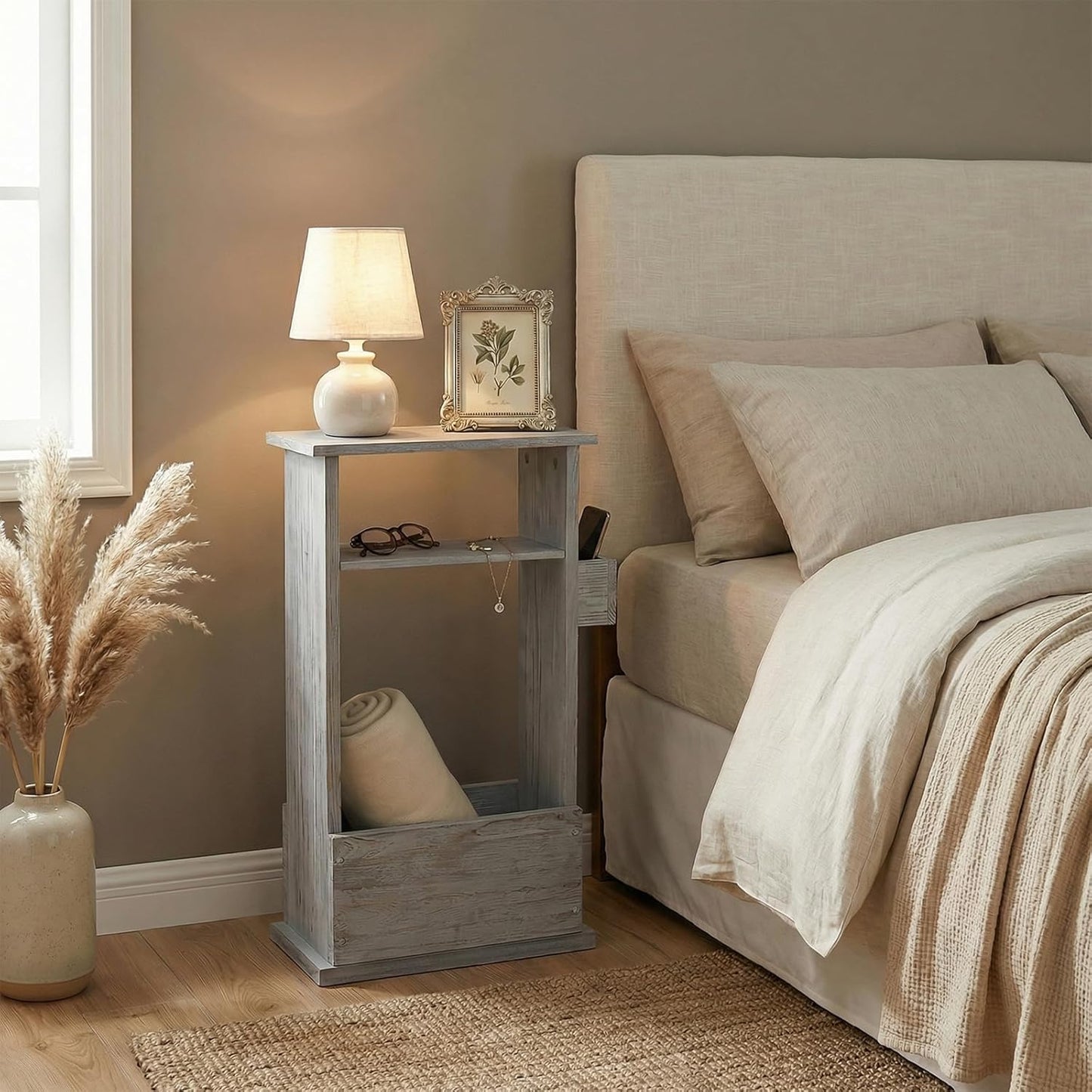 MyGift Narrow Side Table, Slim End Sofa Table in Vintage Gray Wood with Storage Shelf, Magazine and Remote Holder