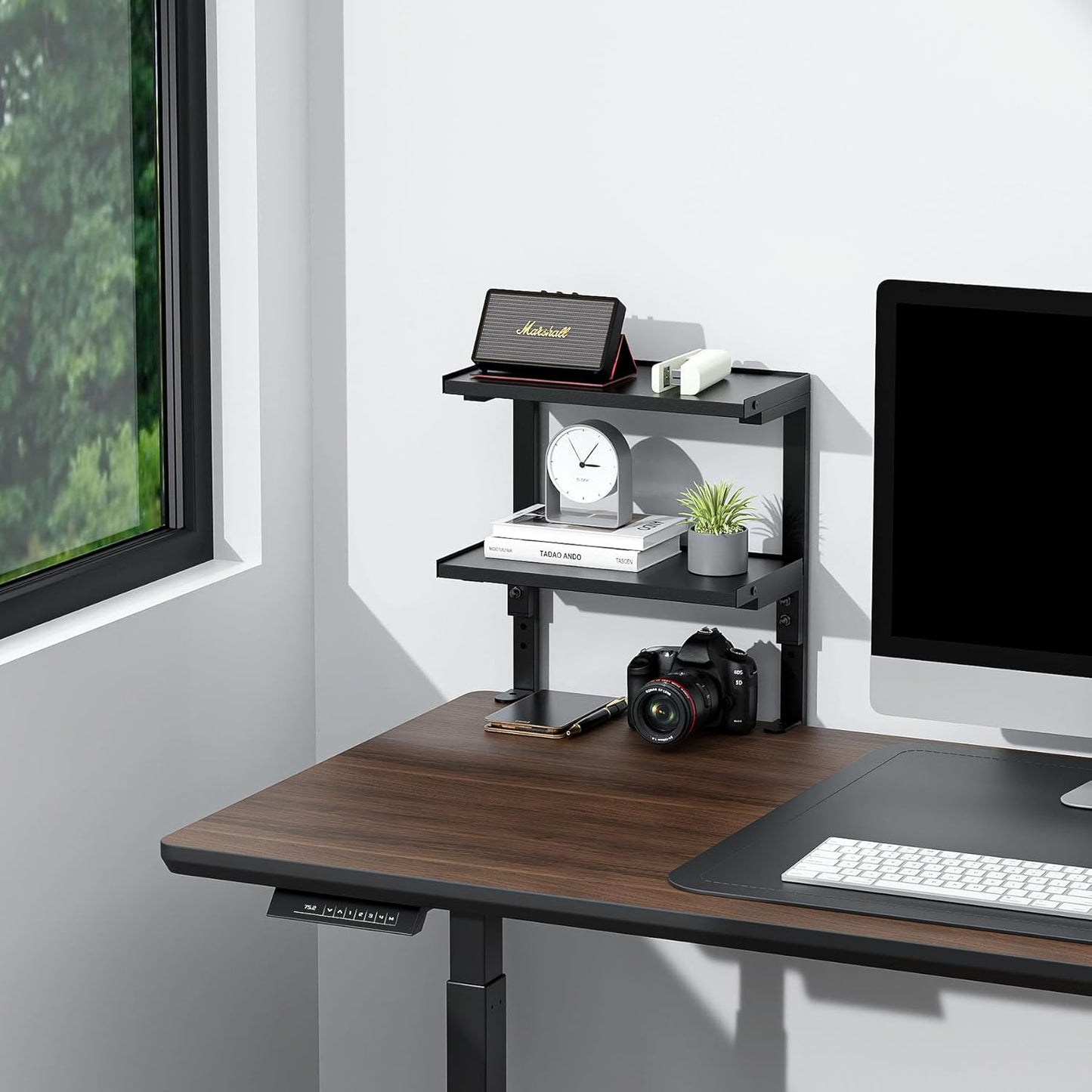 Spacrea clamp on Desk Shelf, 2 Tier Office Desk Shelves Organizer, Wood Desktop Supplies Storage Rack, Desk Organizers and Accessories (Black)