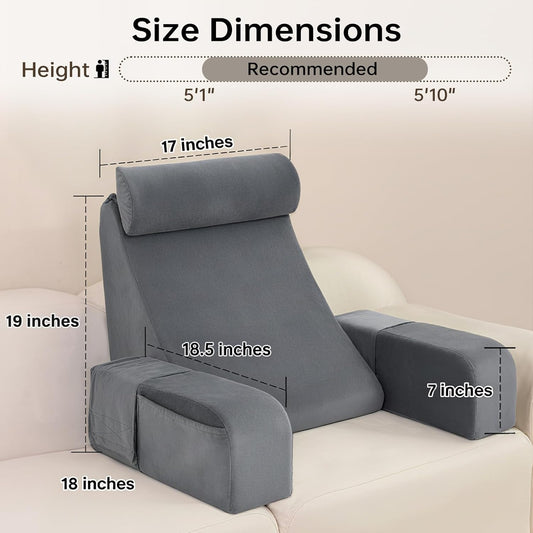 Reading Pillow for Bed Sitting Up — 19" Wedge with Arms, Backrest Cushion, Medium (Grey)