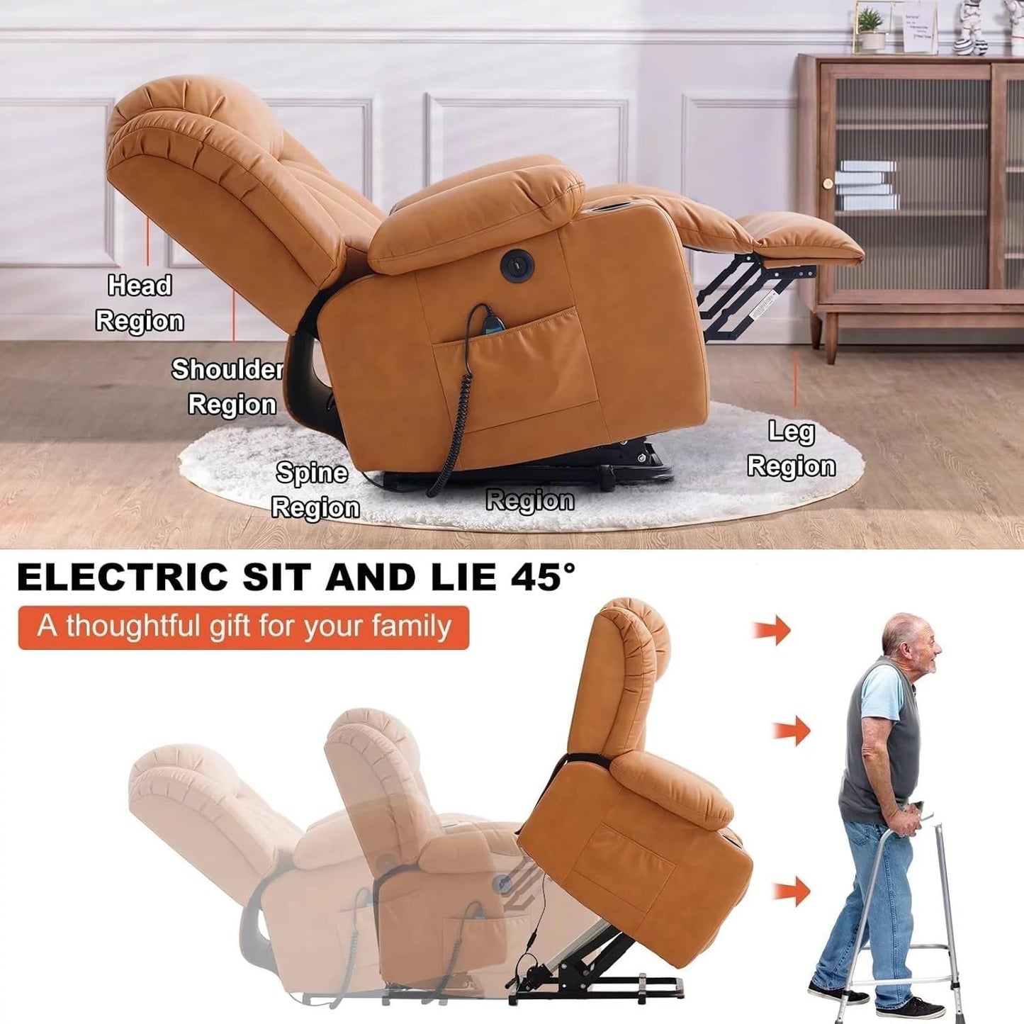Oversized Power Lift Recliner Chair for Elderly, Big and Tall Electric Lift Chair with Heat and Massage, PU Leather Reclining Sofa with Cup Holders, Side Pockets, USB Port
