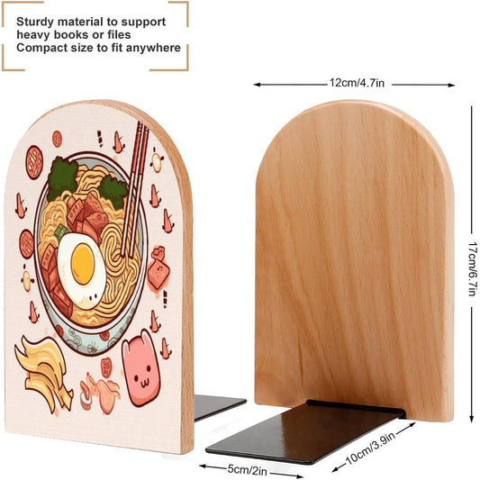 Delicious Sweet Ramen Bookend for Shelves Wooden Book End Large Size Sturdy Book Holders Stoppers with Metal Base for Bookshelves Slick Decorative Bookends Stands