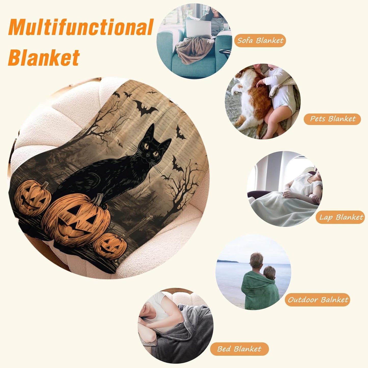 YeeJu Halloween Throw Blanket Vintage Pumpkin Cat Throw Blanket for Couch Sofa Bed Living Room Halloween Cozy Soft Lightweight Fuzzy Plush Fleece Blankets and Throws Decorative Blanket 50x60