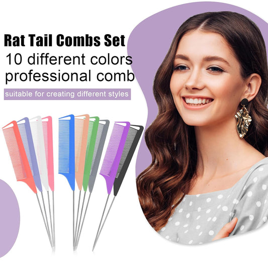 10 PCS Rat Tail Combs Set - Hair Teasing Fine Tooth Comb for Women Girls, Parting Comb for Braiding Hair Styling Tools & Appliances with Stainless Steel Pintail Carbon Fiber Heat Resistant