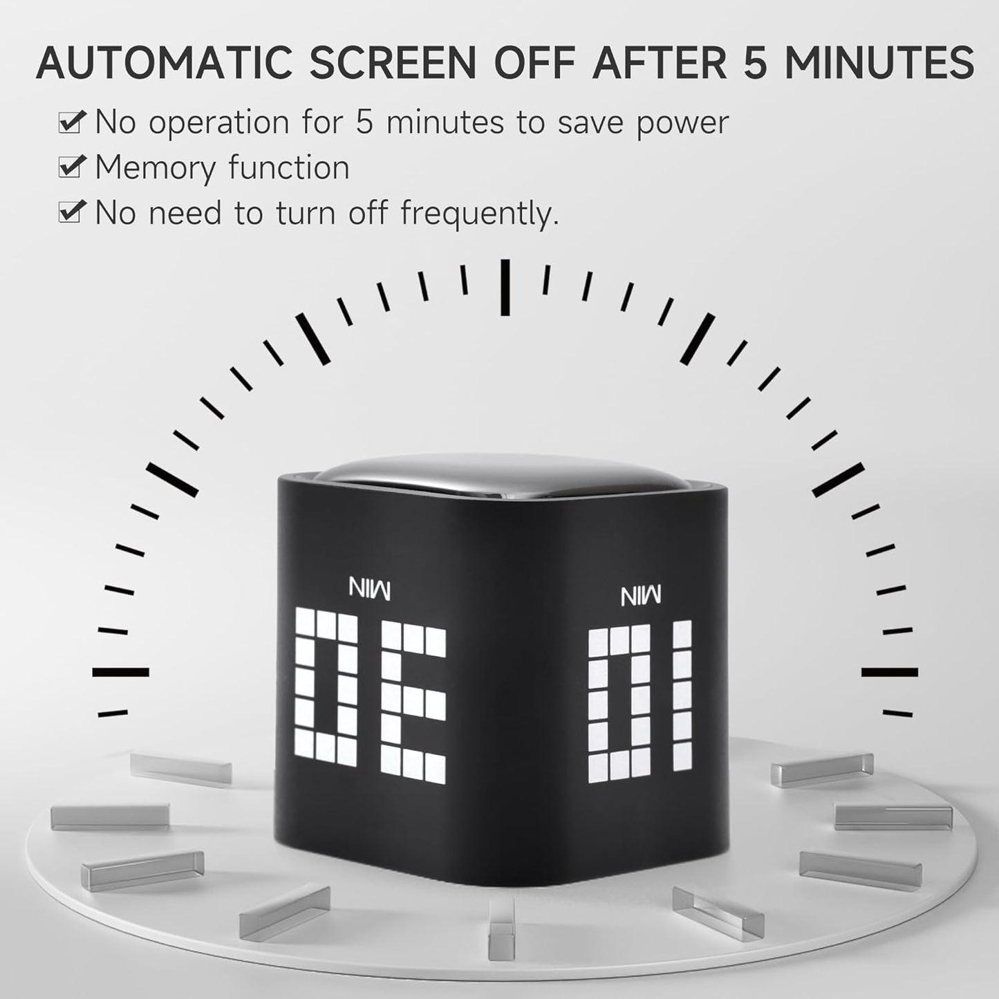 Rotating Productivity Timer 5, 10, 30, 60 Minutes Preset, Desk Cube w/Gravity Sensor for ADHD, Mute Functions, Ideal for Work, Study, Kitchen, Back to School (Black)
