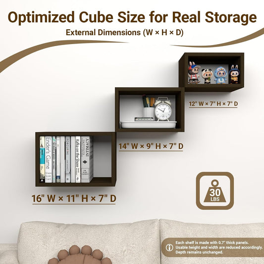 Premium Black Walnut Floating Cube Shelves, Eco-Friendly Wood Box-Style Wall Storage Display Set of 3 — Pre-Assembled, Ready to Use, Modern Decorative Wall Shelf Units for Living Room, Bedroom &Office
