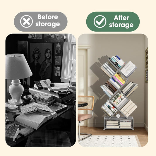 Metal 6 Tier Bookshelf, No Assembly Needed Foldable Bookcase with Storage Cabinet, Industrial Standing Shelf for Home Office Living Room, Gray