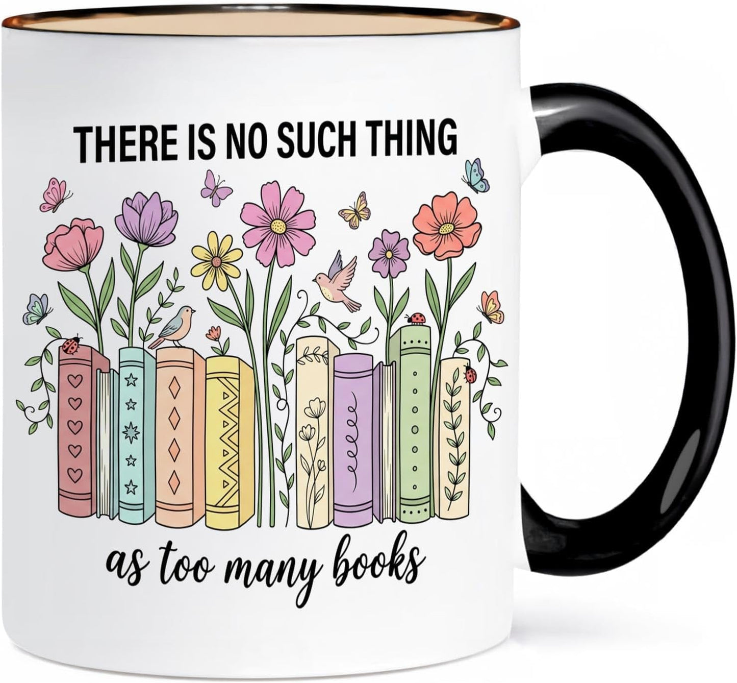 11 Oz Interior Black Ceramic Book Lover Mug With Floral Bookshelf Design, Double Sided Print, Dishwasher And Microwave Safe Coffee Cup For Readers