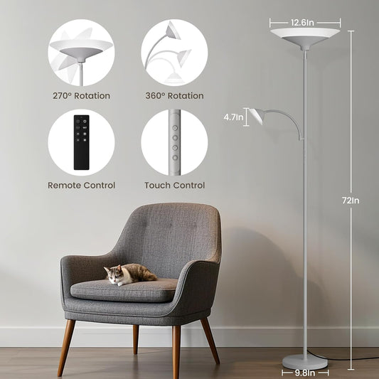 Sliver Gray Torchiere Floor Lamp with Reading Light, 4 Color Temperatures, Dimmable & Individual Light Control Standing Lamp, 34W Bright Tall Lamp with Remote for Living Room Bedroom Office