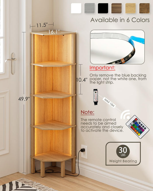 Corner Shelf Stand, 5 Tier Corner Bookshelf with Light,Corner Furniture for Bedroom Display Corner Shelf for Small Space,Wood Shelves with Storage Rack for Living Room,Office,Oak